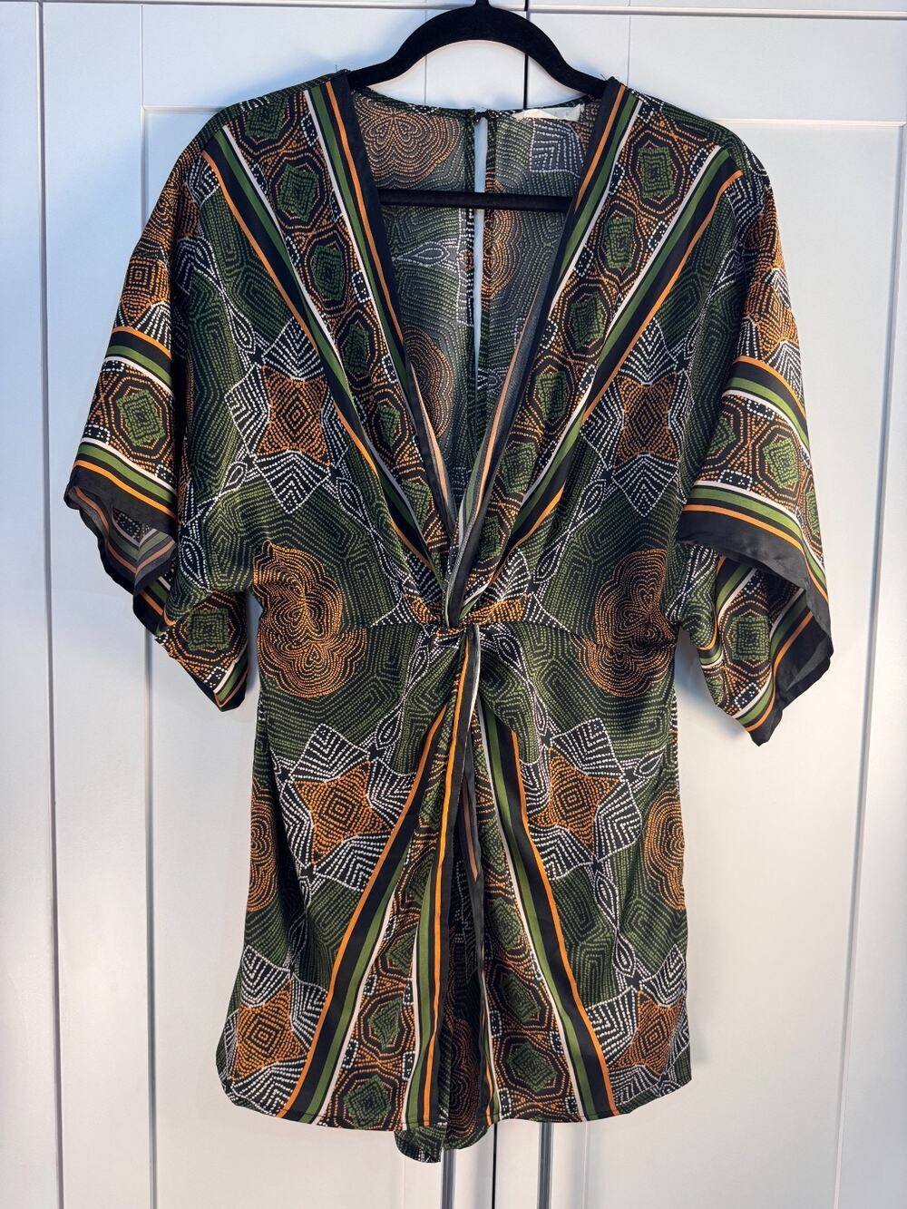 Illa Illa Kimono Tie Front Short Romper Women’s S Boho Geometric Print Flowy